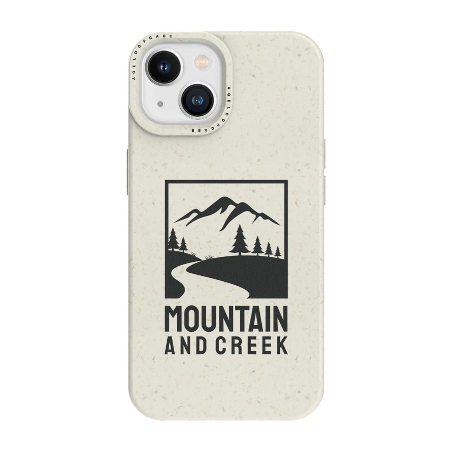 white Compostable iPhone 14 Case with Mountain and Creek pattern