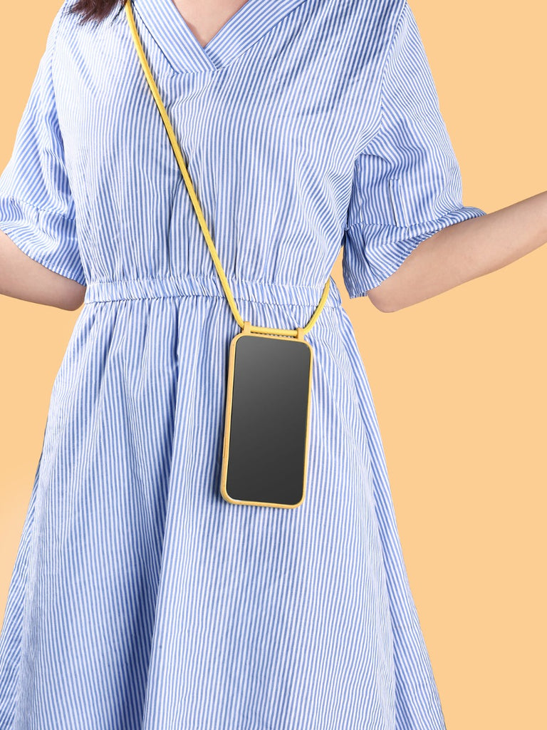 A Woman hanging a yellow lanyard phone case