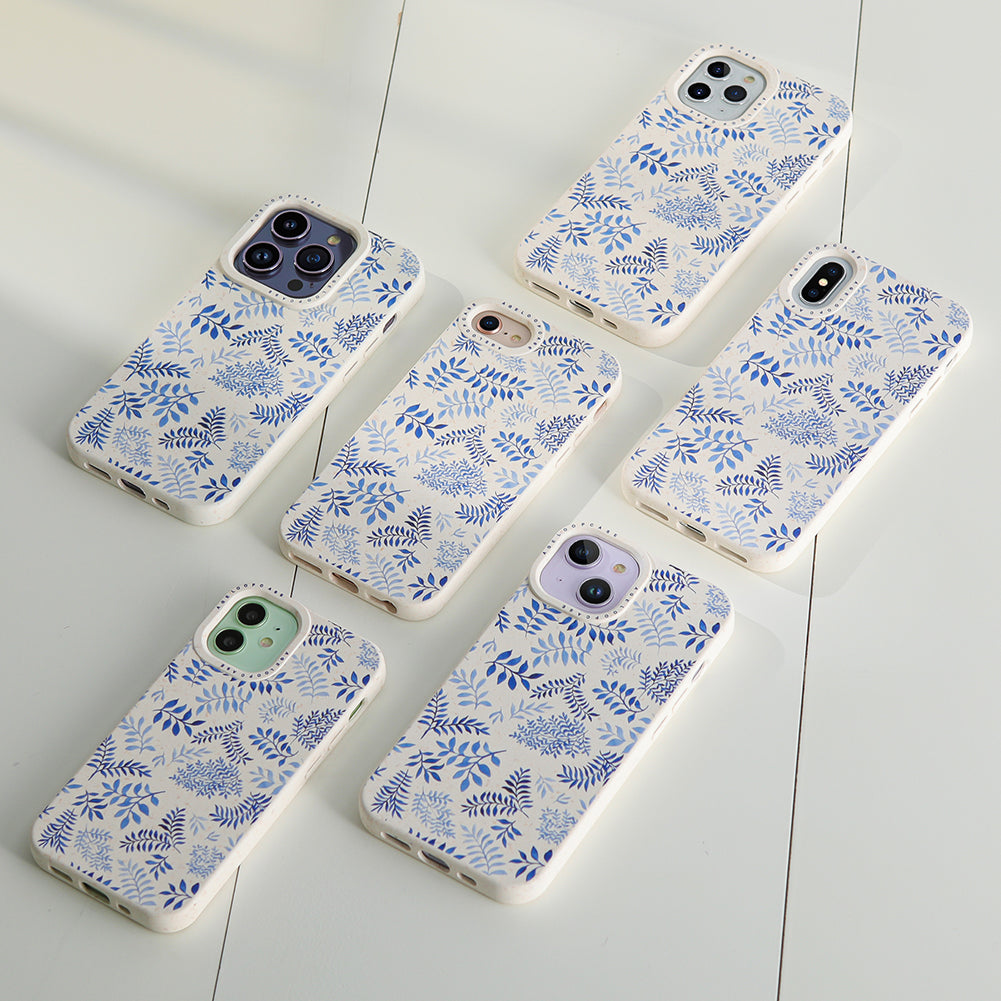Compostable Phone Case Biodegradable iPhone 12 Pro Max Case Blue Leaves Cute Protective Phone Cases